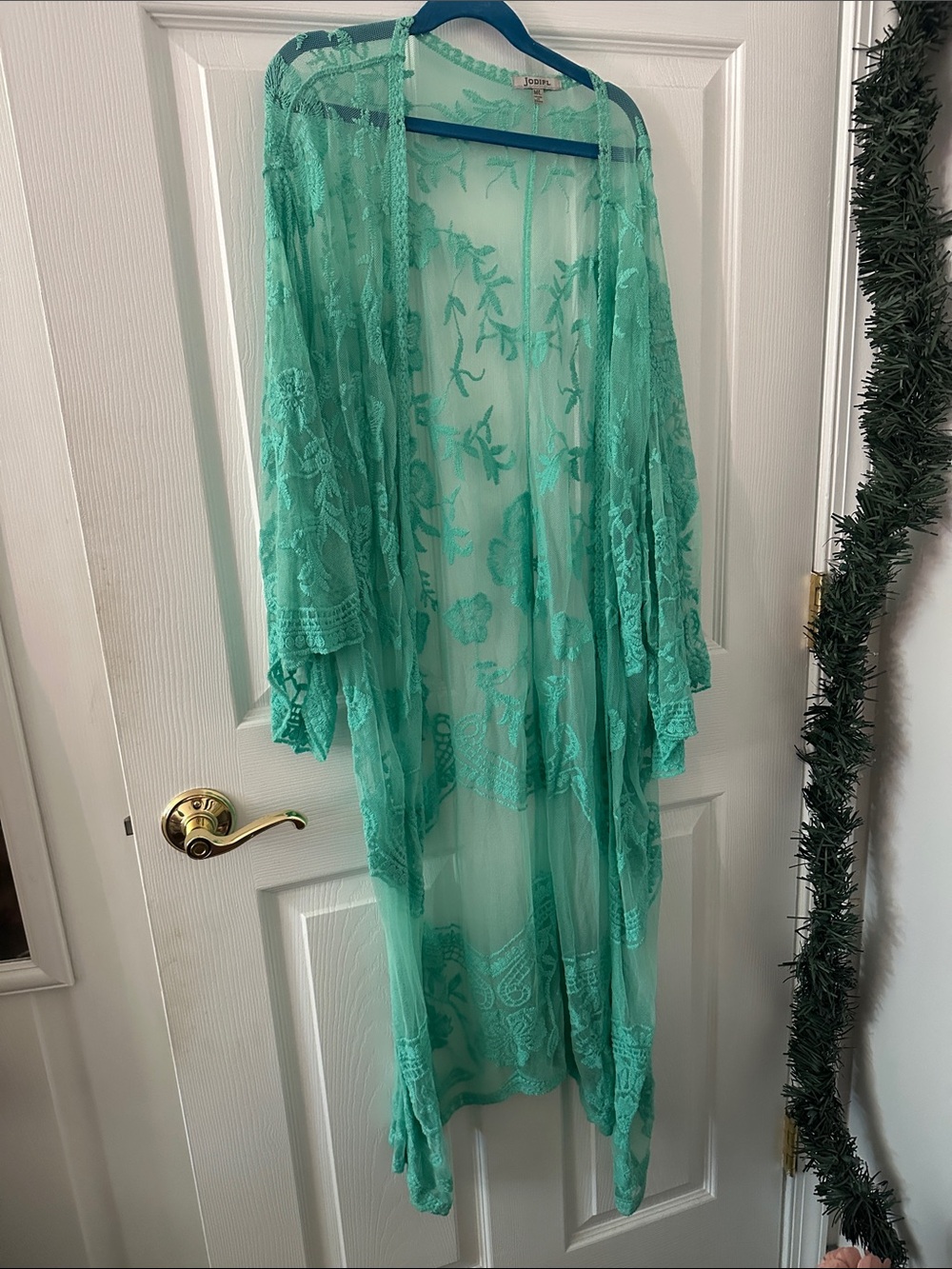JODIFL Sheer Aqua Green Lace Kimono